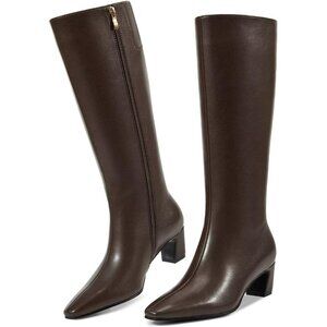 Women Brown Chunky Low Heel Square Toe Elastic Tall Boots Side Zipper PU Leavvvv